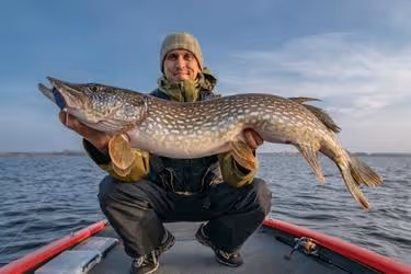 Man holding a fish in a fishing boat