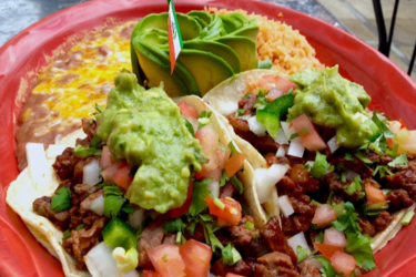 Beef tacos with beans and rice