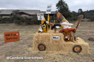 Halloween scarecrow display on Cambria Scarecrows