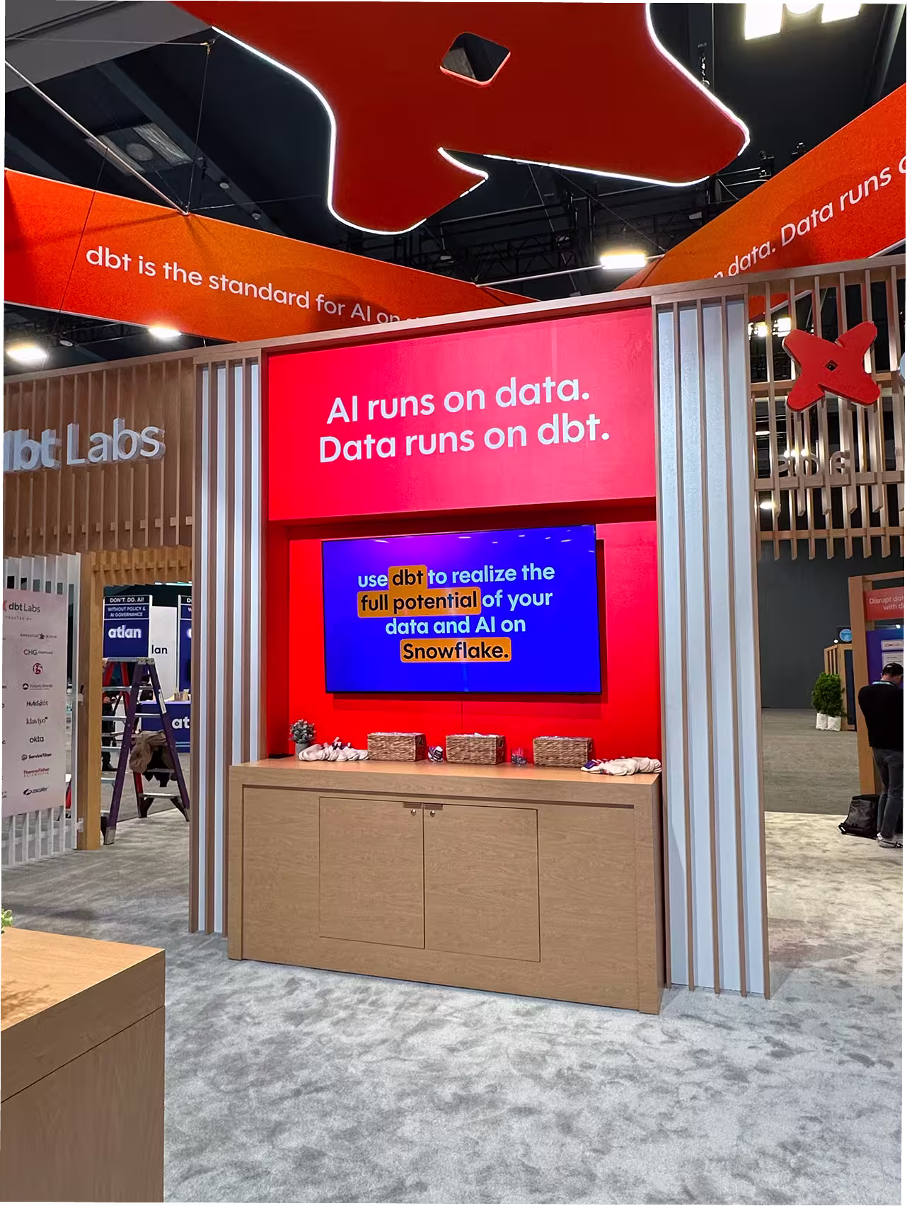 dbt Labs trade booth with digital signage reading "use dbt to realize the full potential of your data and AI on Snowflake."