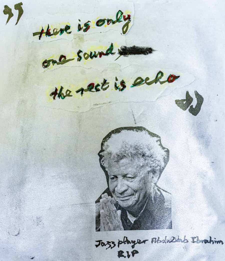 Collage portrait of jazz pianist Abdullah Ibrahim with the handwritten quote: “There is only one sound. The rest is echo.”