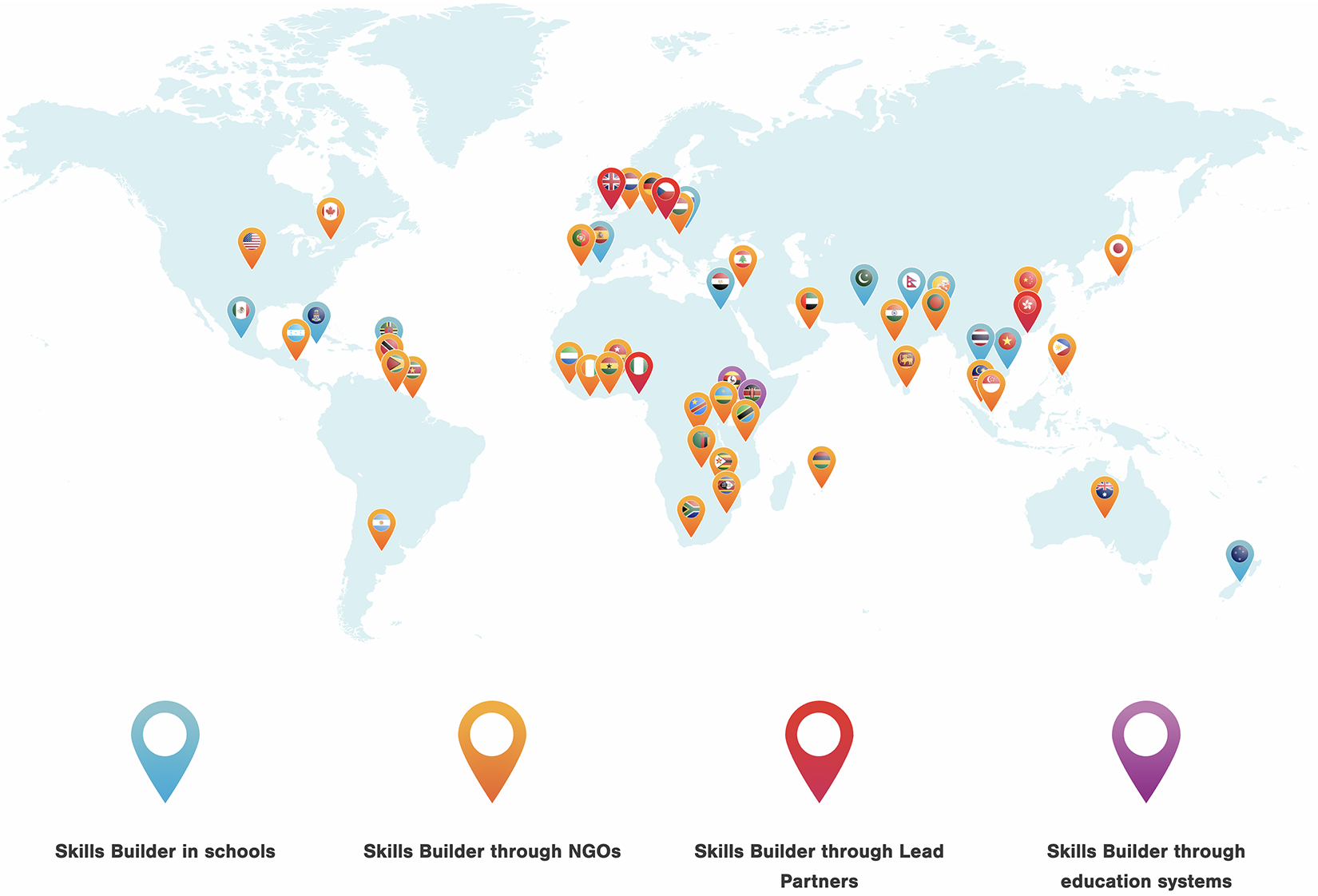 A map of the world with pins showing all the different countries and settings where Skills Builder programmes are taking place. This is taking place in Schools, NGOs, through Lead Partners and through national education systems.