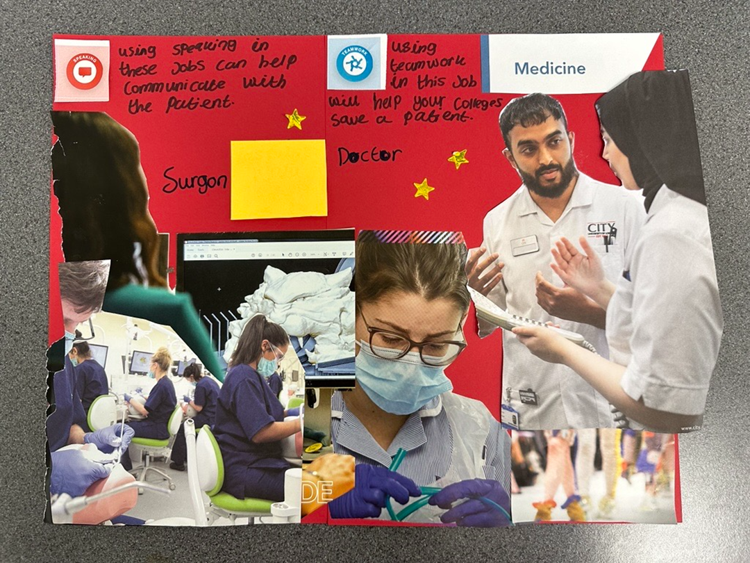 An example of a pupil's work. Here they've created a poster describing the Listening and Teamwork skills needed to become a doctor or nurse.
