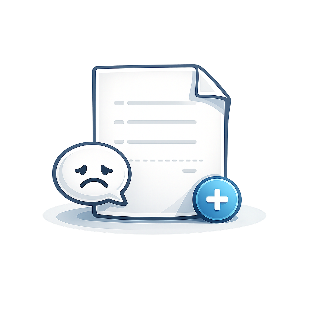 Illustration of a document with a sad face speech bubble on the left and a blue circular plus sign on the right against a dark gradient background.
