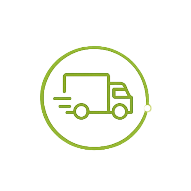 Green line icon of a delivery truck inside a circle, symbolizing fast shipping.