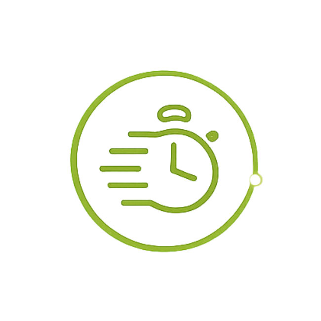 Green stopwatch icon with motion lines inside a circle representing speed or quick timing.