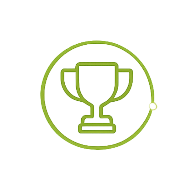 Green line icon of a trophy cup inside a circle.