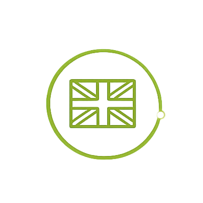 Green outline of a United Kingdom flag inside a circular frame with a small outer loop