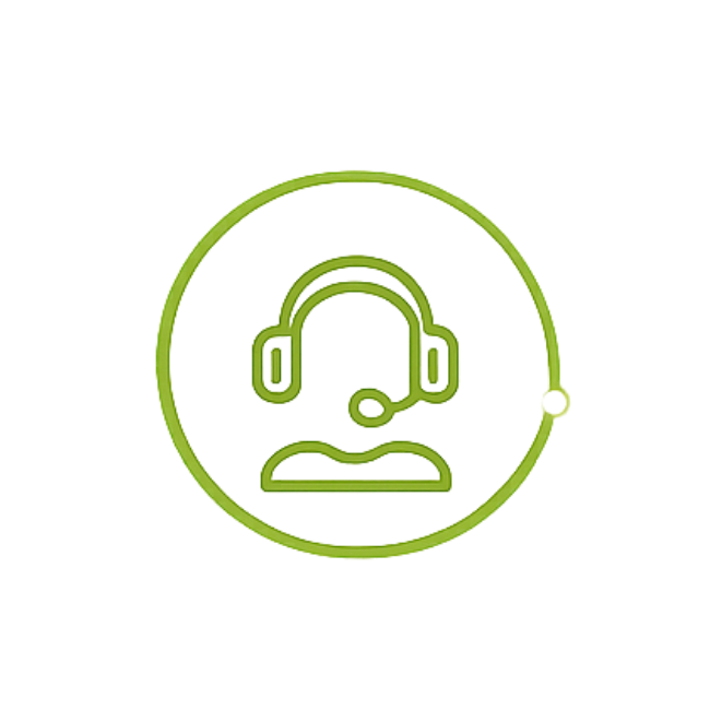 Green outline icon of a customer support headset with microphone inside a circle.
