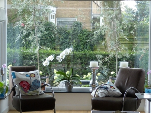 Het zicht op de vijver vanuit de hoger gelegen voor erker.