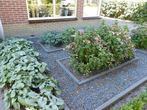 Bloeispreiding, onderhoudsarm en groenblijvende elementen in deze voortuin.