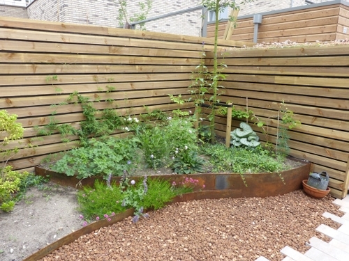 De semi-transparante schutting loopt door als zijwand van het fietsen schuurtje met sedumdak.