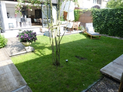 Zicht op de tuin met steenschotten vanuit het tuinhuis.