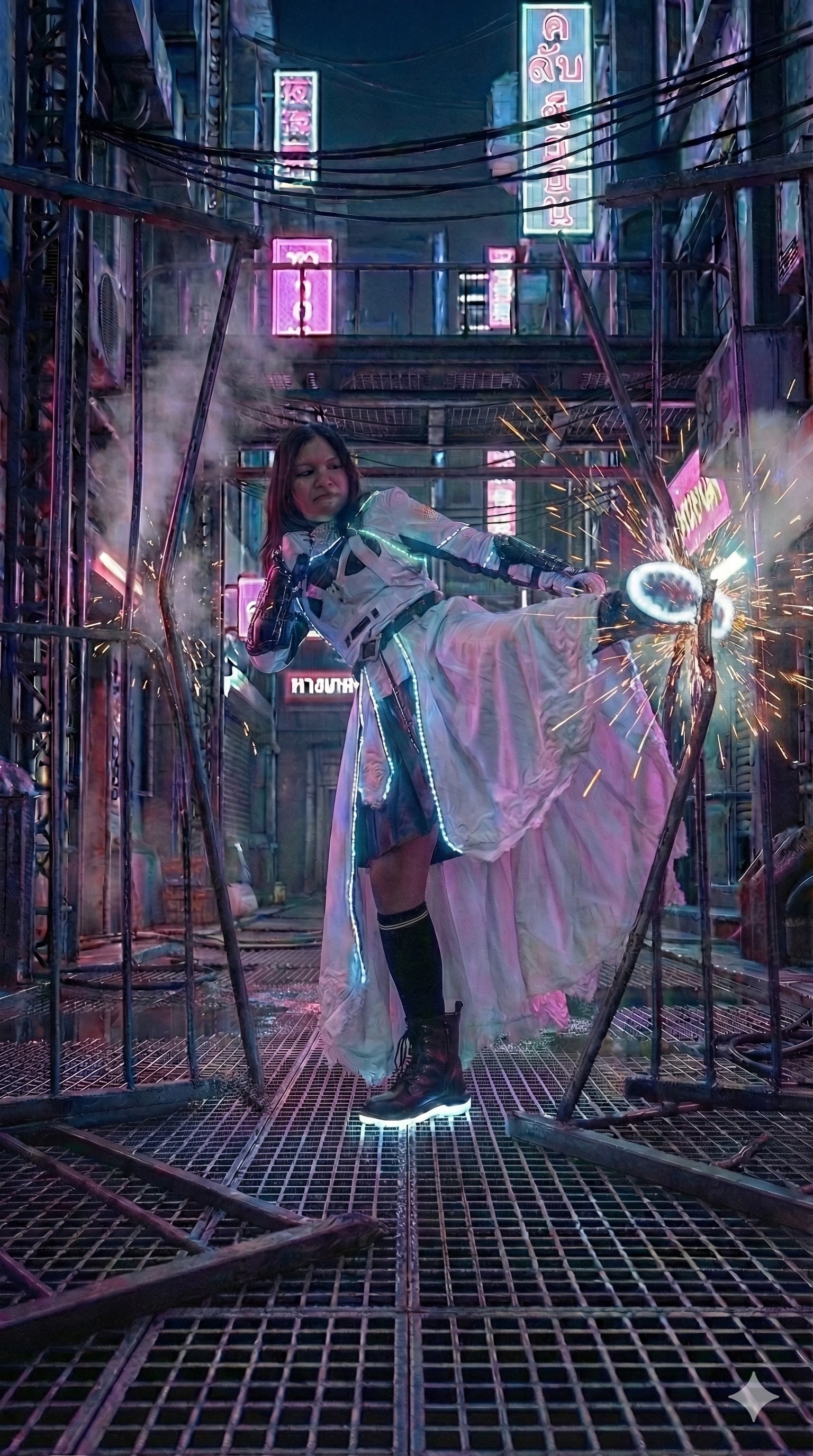 iPhone breaking out of a cyberpunk cage, sparks flying, neon-lit alley