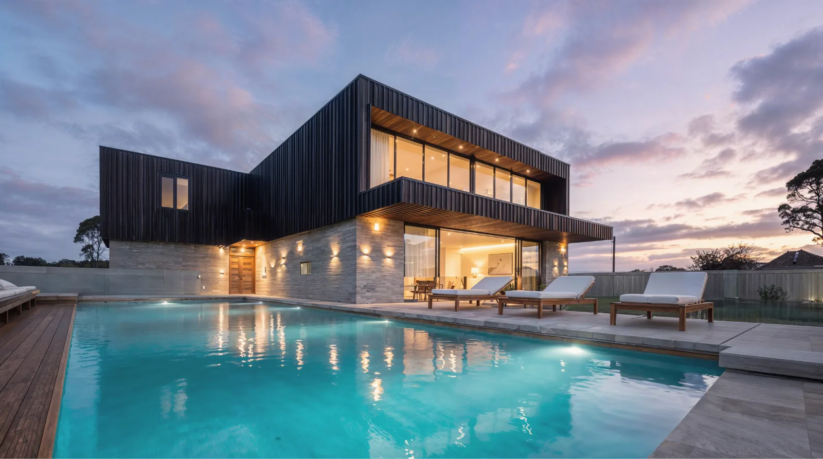 Timber-clad private house with a lit pool at dusk