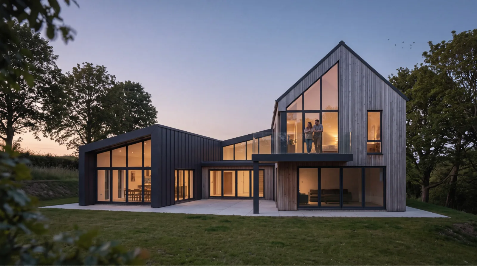 Two-storey house in dark timber and metal at dusk, lit from inside