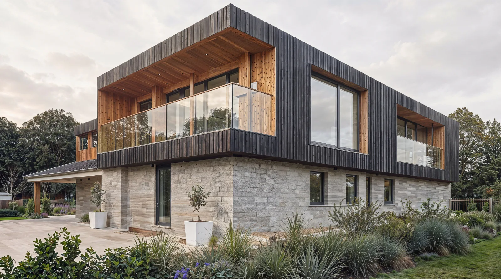 Corner of a house with dark timber cladding above a stone base