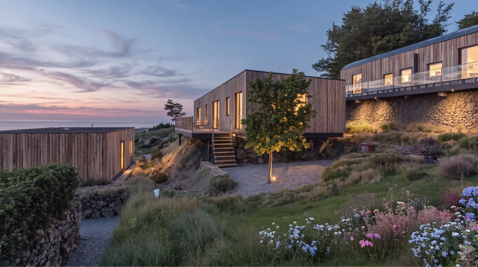 Timber lodges on a planted hillside at dusk