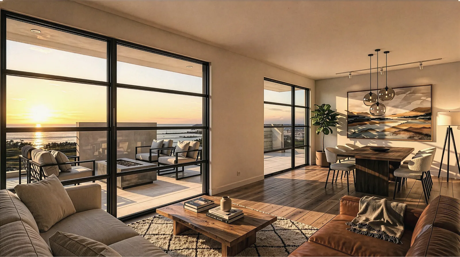 Penthouse living room with full-height glazing and a sea view at sunset