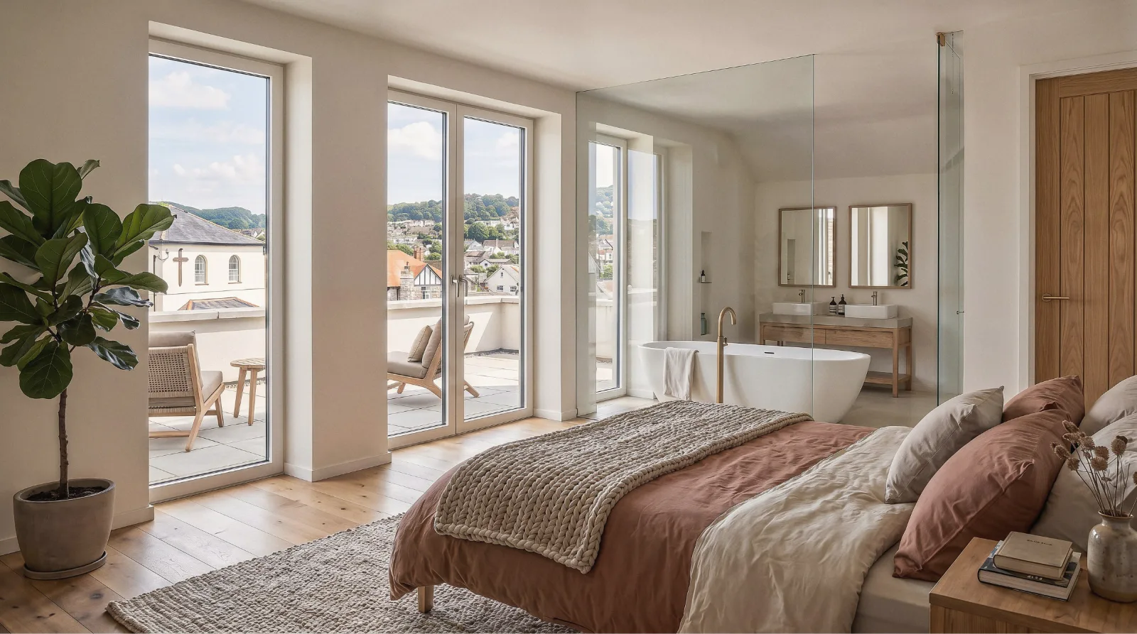 Bedroom with a free-standing bath and doors to a terrace