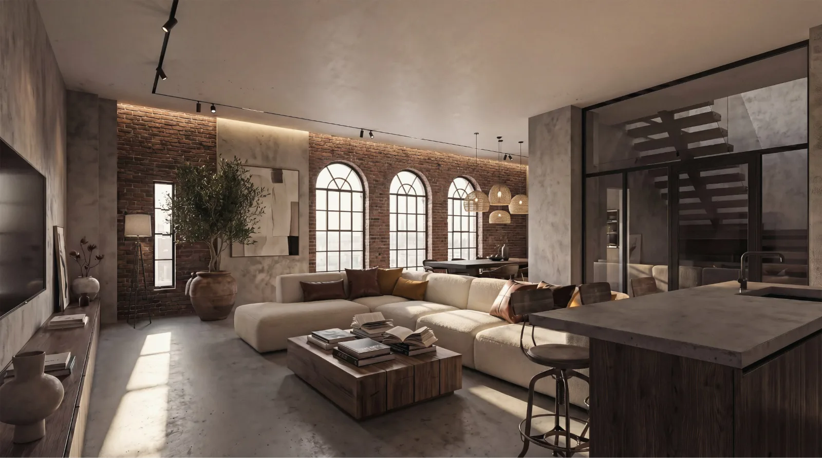 Apartment living space with exposed brick walls and tall arched windows