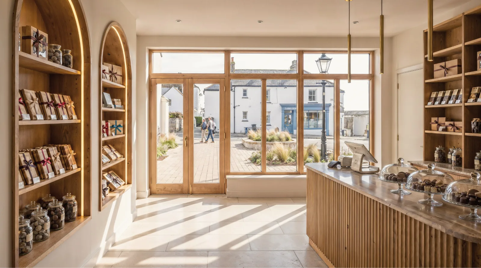 Shop interior with arched timber shelving and a glazed shopfront