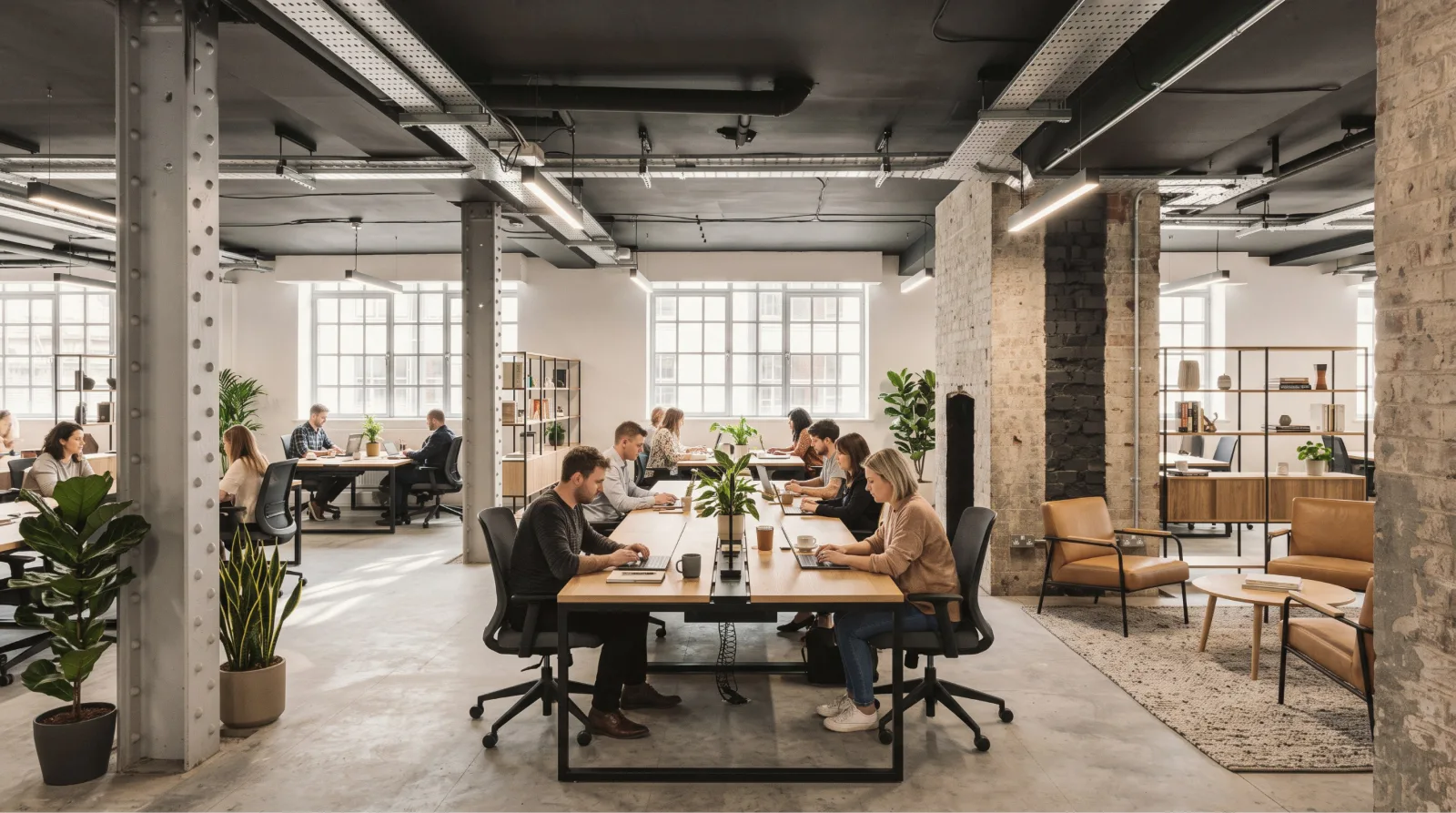 Open-plan co-working office with people at shared desks