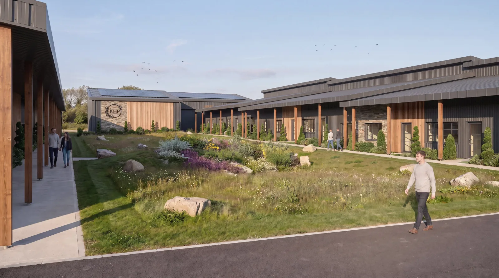 Timber-clad business units around a planted green