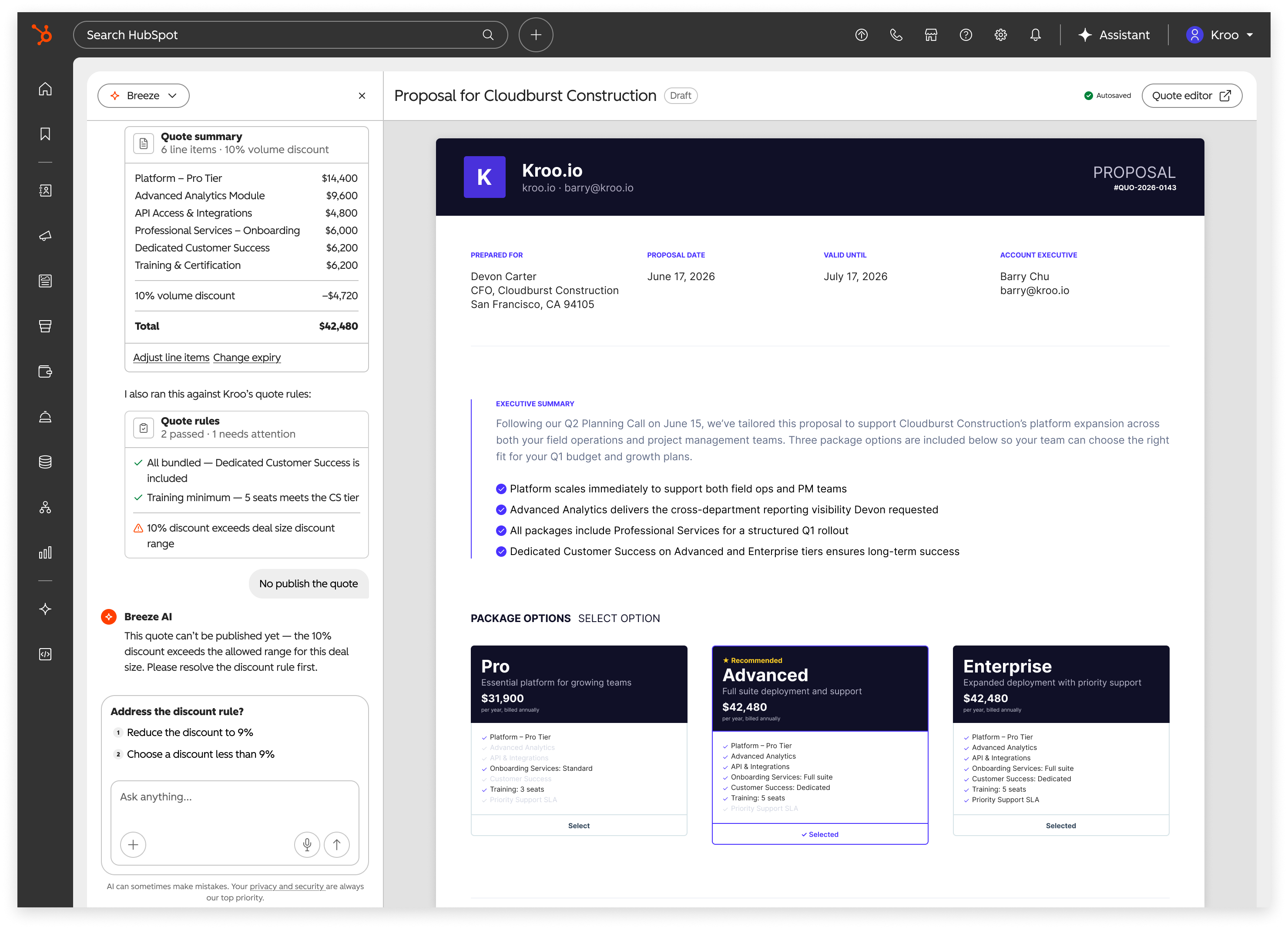 Collaborative guided quote creation experience taking into account the business' quote governance, using Breeze AI