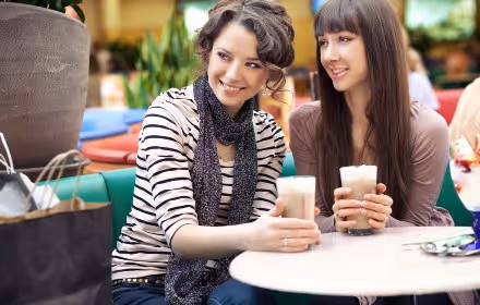 women enjoying coffee in food court