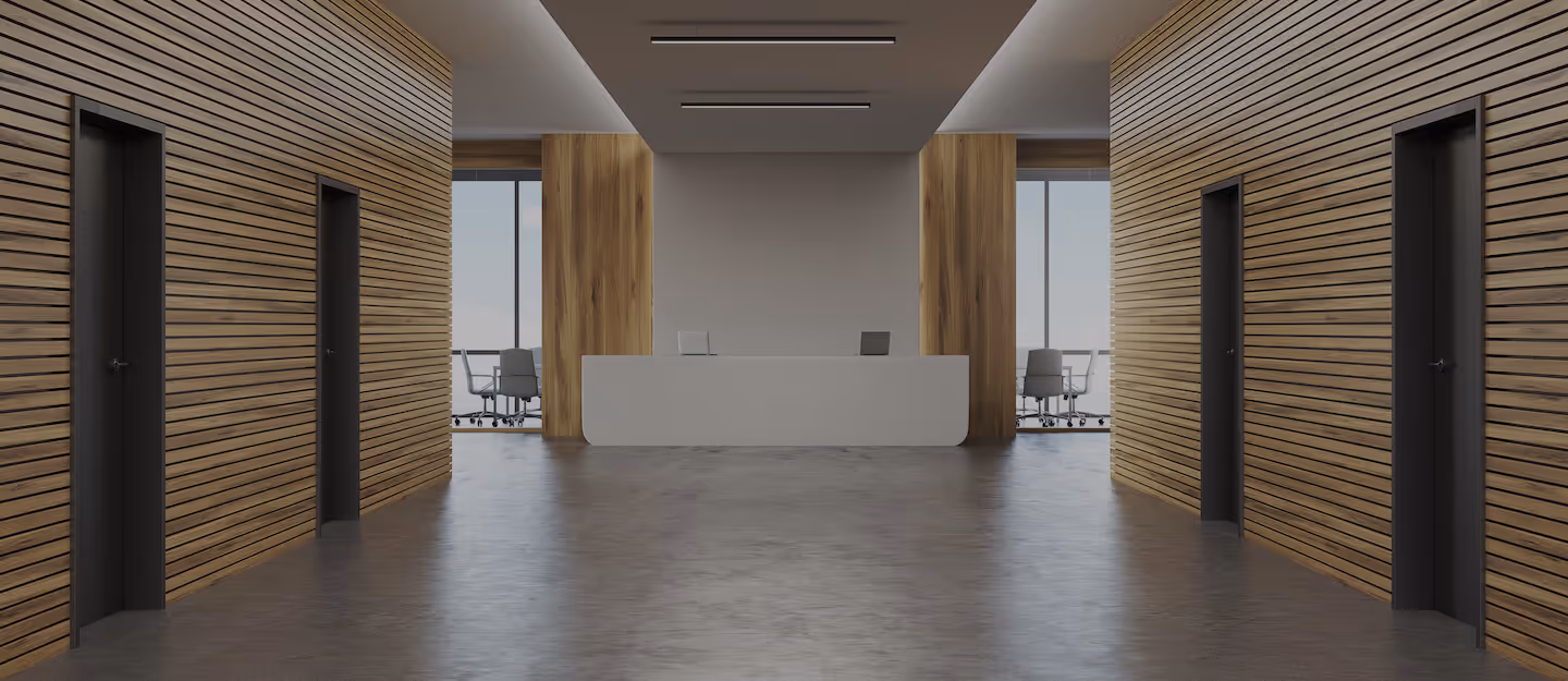 Office corridor with several doors and reception counter