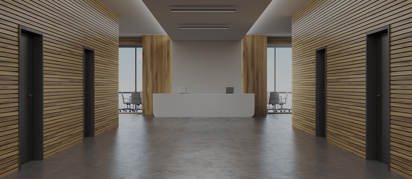 Office corridor with several doors and reception counter