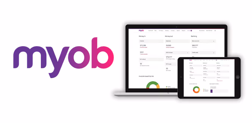 myob logo and myob interface mockups on various devices