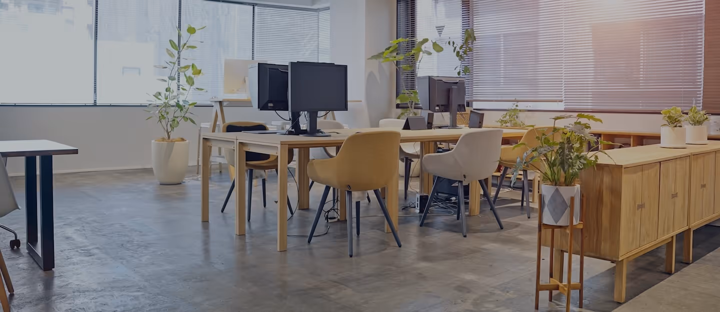 Modern office interior with a desk, computers, and potted plants