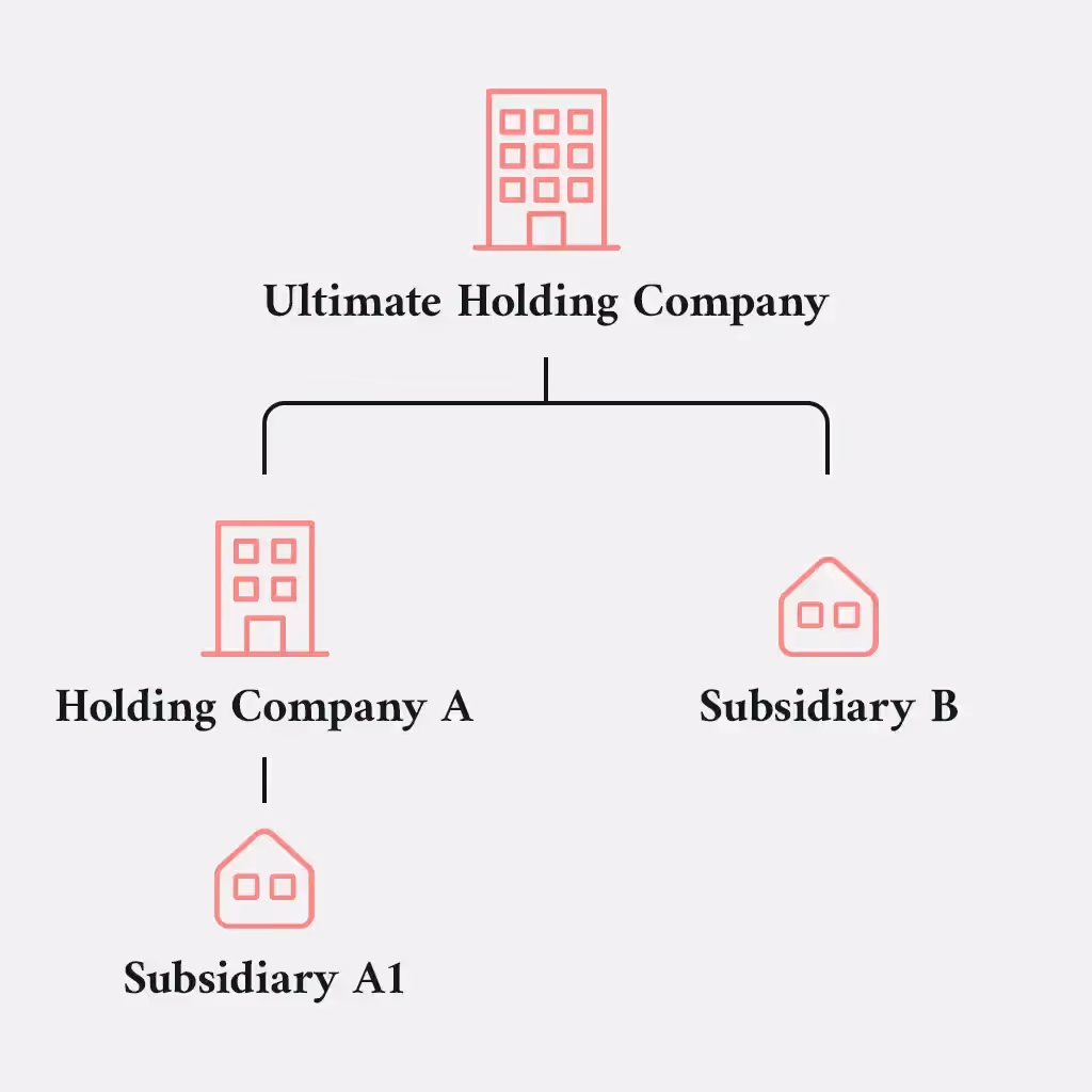 Diagram showing an ultimate holding company structure with holding companies and subsidiaries in a tiered layout.