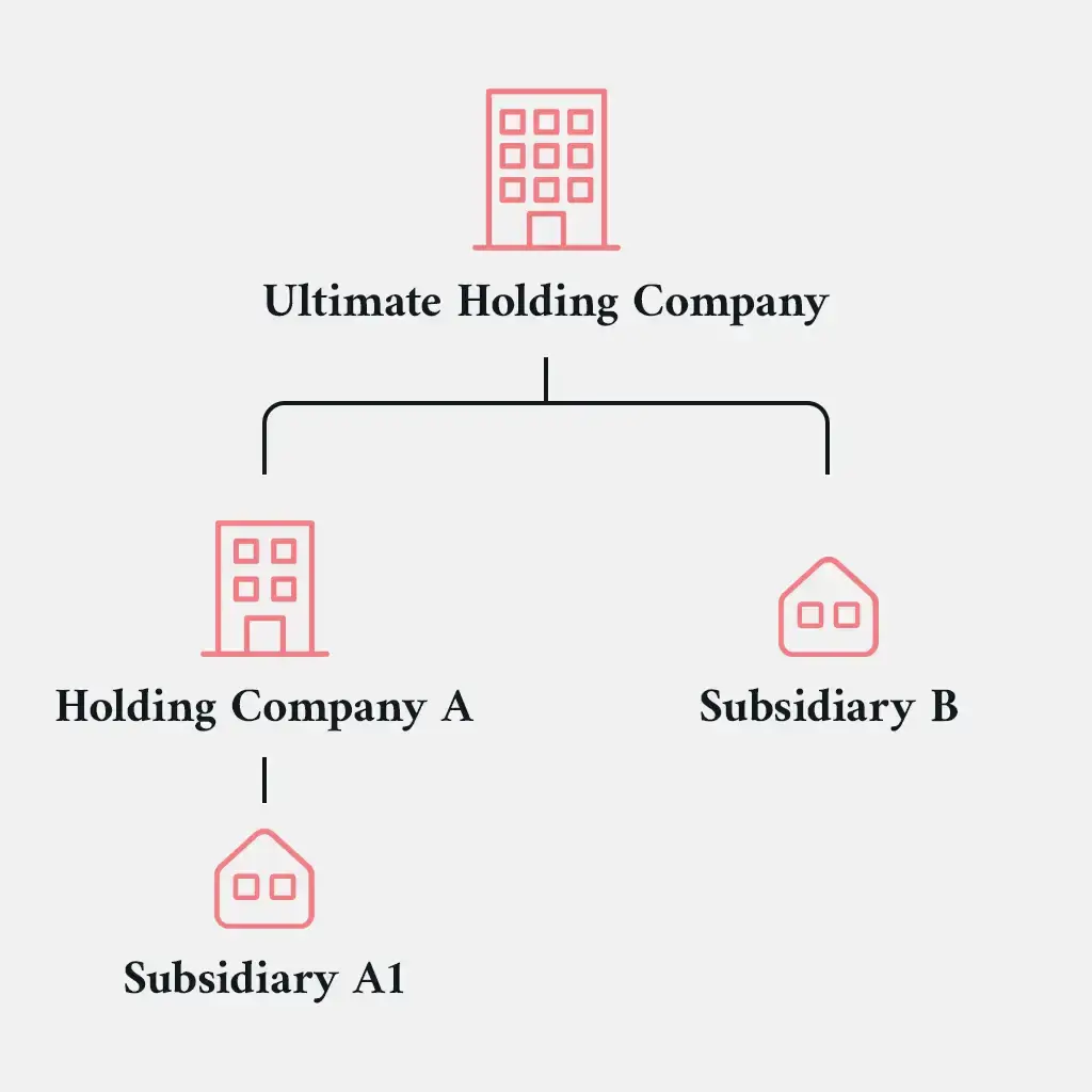 Diagram showing an ultimate holding company structure with holding companies and subsidiaries in a tiered layout.