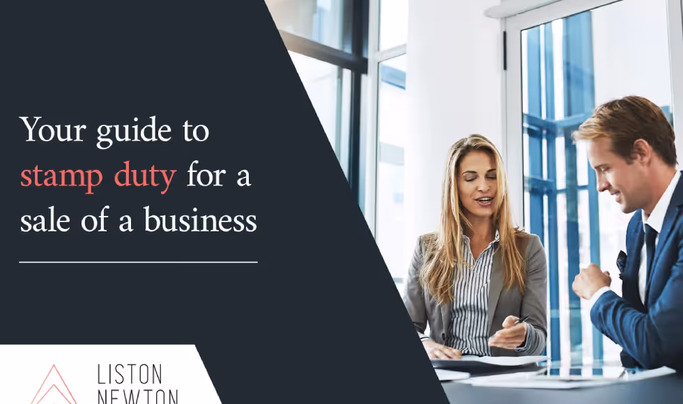 Two professionals in a meeting with the headline Your guide to stamp duty for a sale of a business.