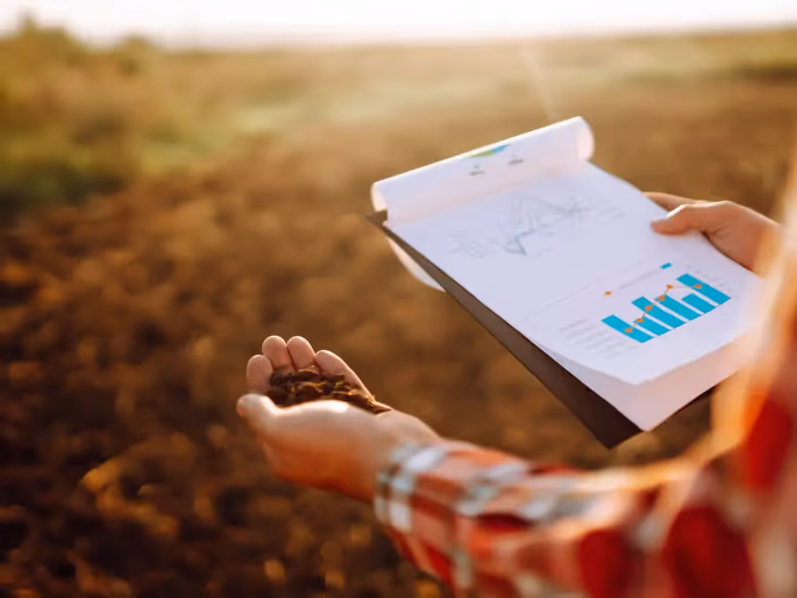 A close-up of a farmer's cupped hands holding rich, dark soil over a field, checking its health for planting.