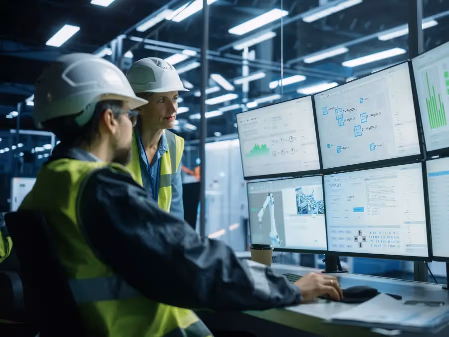 A male engineer in a safety vest and hard hat uses a digital tablet while working in a modern industrial facility.