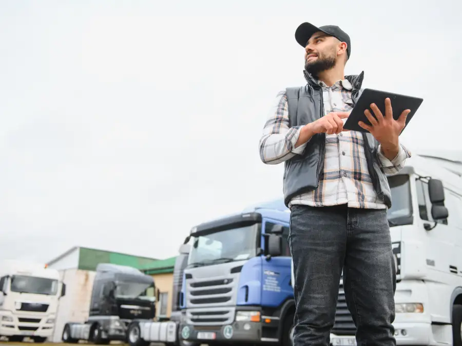 A bearded truck driver holding a tablet while standing in front of a fleet of cargo trucks. 