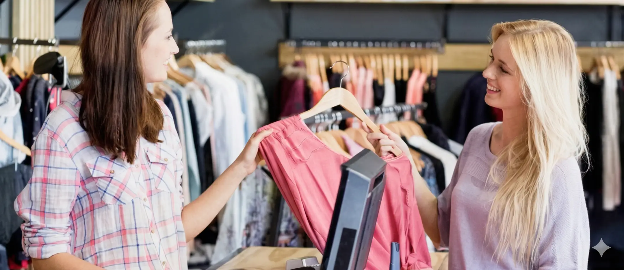 Clothing retail business owner holding a tablet and managing inventory inside a modern fashion retail store.