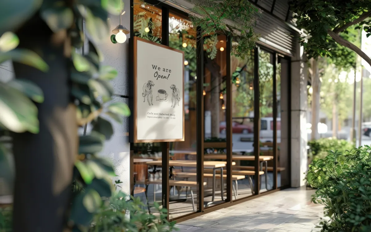 An artistic shot of a cafe’s exterior with wooden tables and chairs and surrounding greenery.