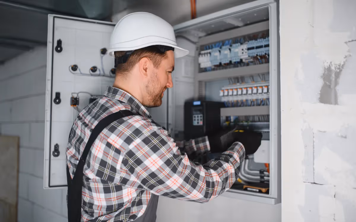 An electrician wearing a helmet, working on a circuit board