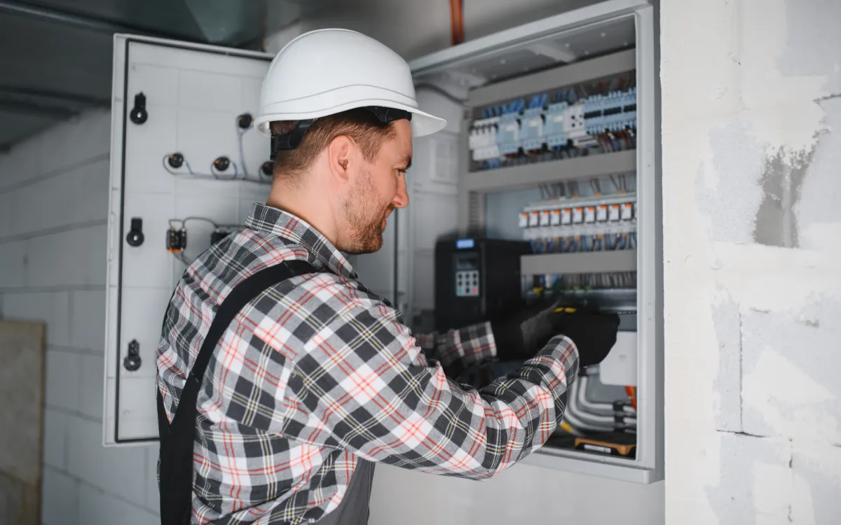 An electrician wearing a helmet, working on a circuit board