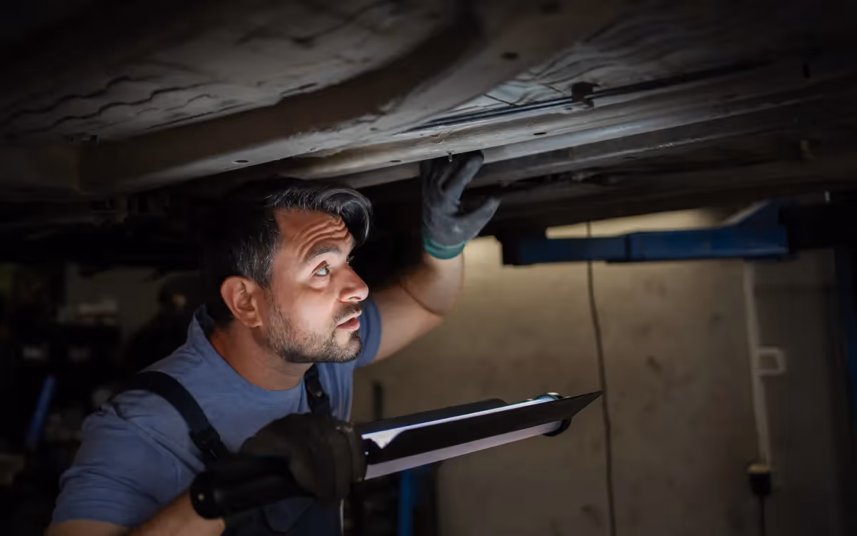 A mechanic working under a car to check the car chassis with a flashlight