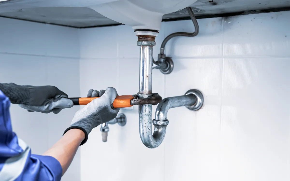 Close-up of a gloved hand holding a wrench while working on a P-trap