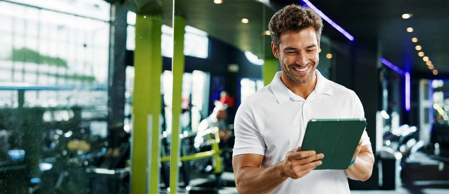Smiling gym owner using a tablet inside a modern fitness center with exercise equipment in the background.