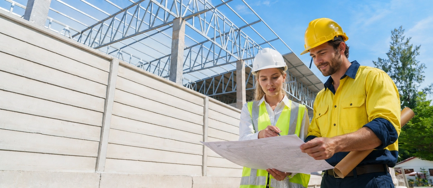 Property developers wearing safety helmets reviewing architectural plans at a construction and land development site.