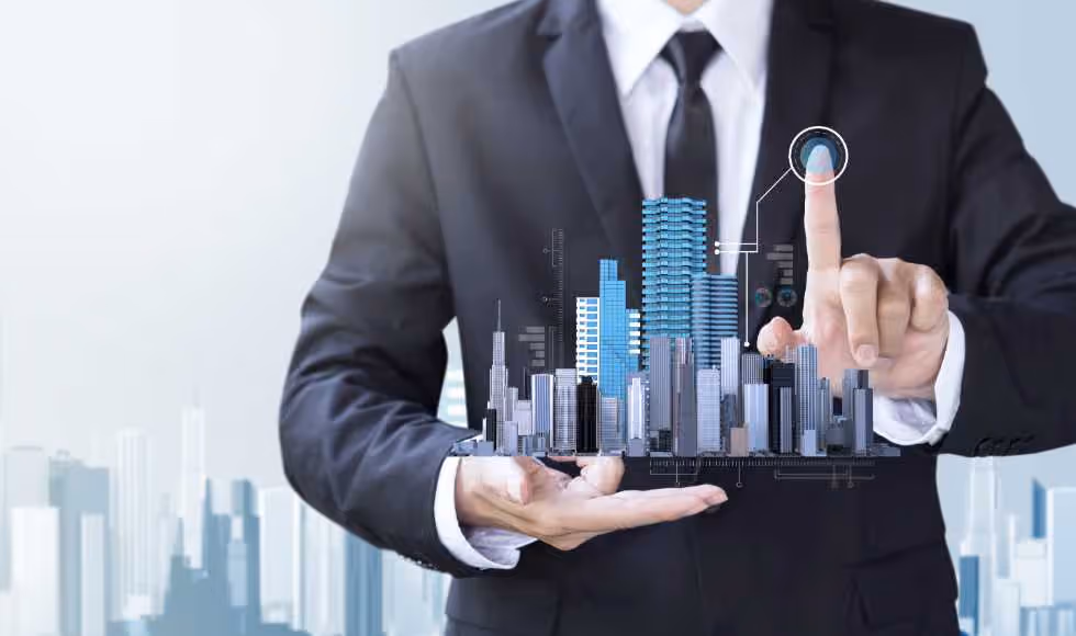 Businessman in a suit holding a digital 3D model of city skyscrapers and interacting with a glowing virtual interface.