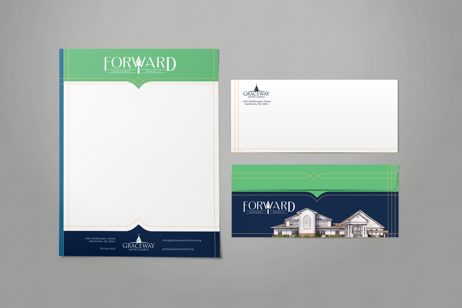 classic modern church capital campaign letterhead and envelope set design by Abstract Union
